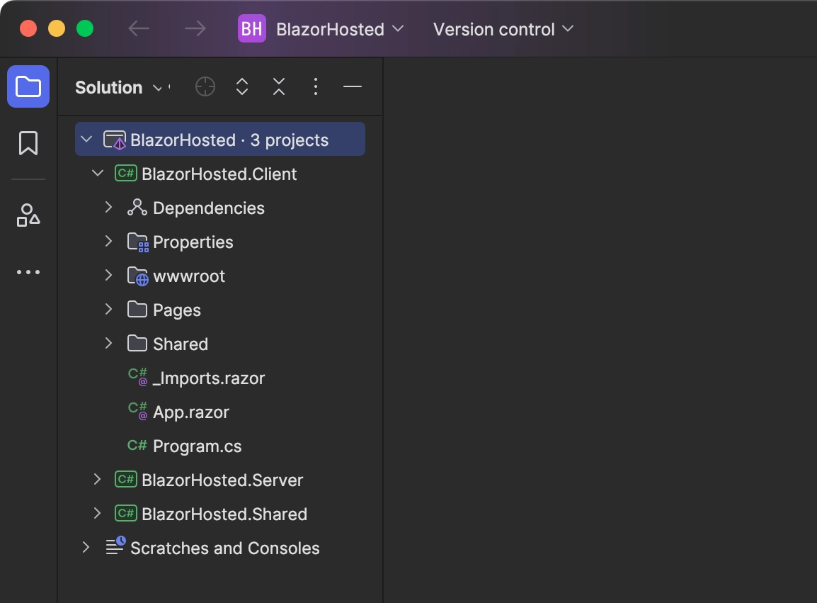 JetBrains Rider Blazor wasm solution with server, client, and shared project.