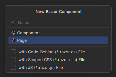 New Blazor Component dialog with check boxes for additional files.
