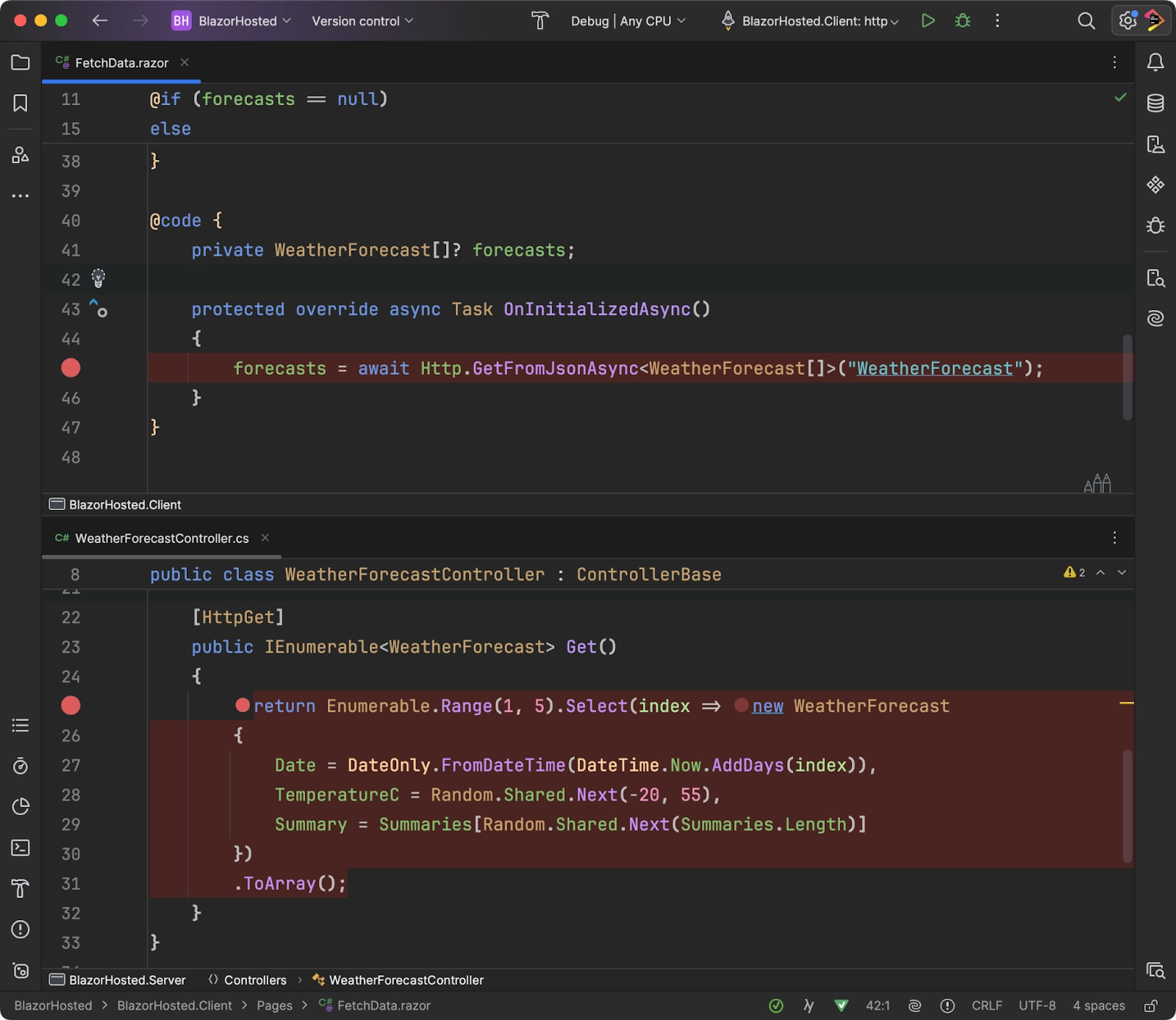 Blazor code showing both client and server code.