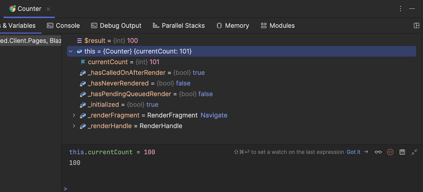 Wasm debug tool window showing current locals and expressions