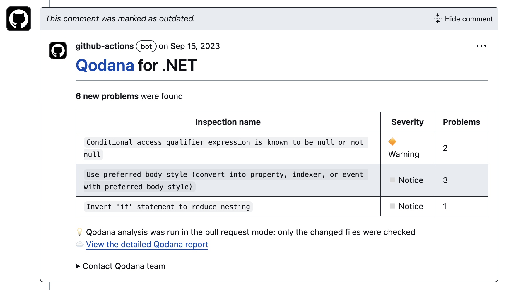 Qodana results as a comment in a GitHub pull request