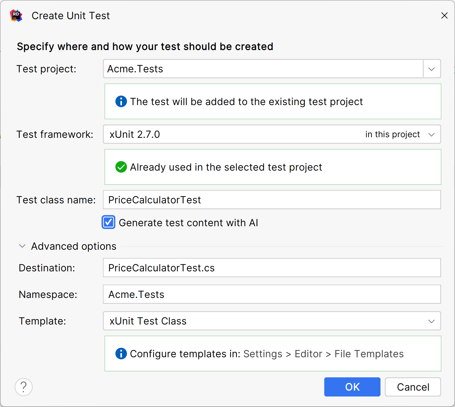 Image of the test generation dialog. Set the test project, framework, and test class names to whatever you choose.