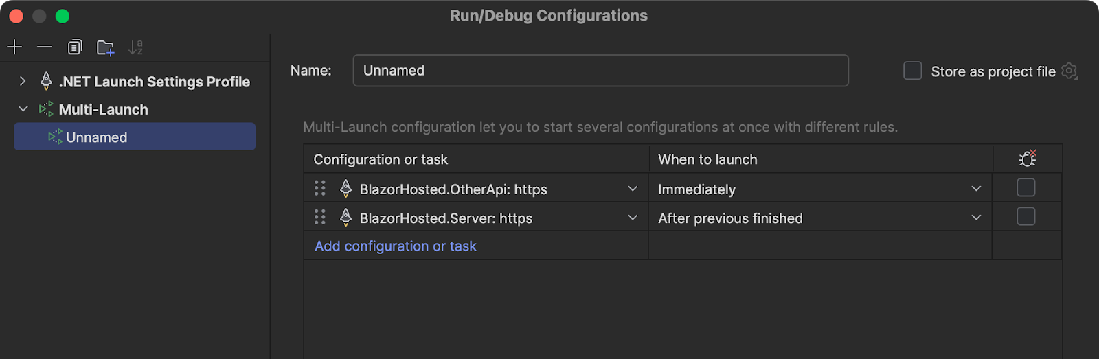 Multi-launch run configuration with API and Server tasks