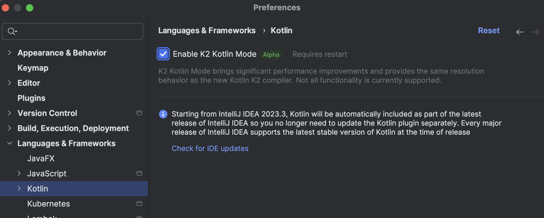 How to enable the Kotlin K2 Mode in IntelliJ IDEA