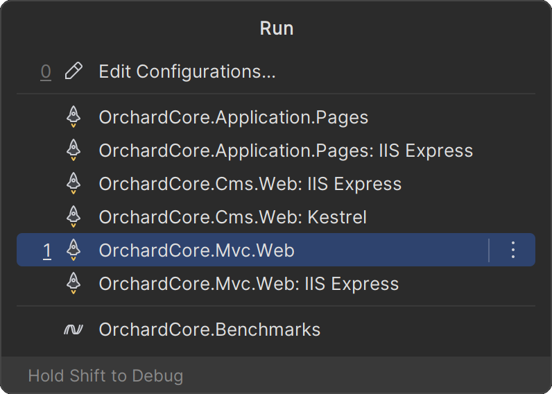Choose and Run Configuration dialog showing multiple Orchard.Core configurations