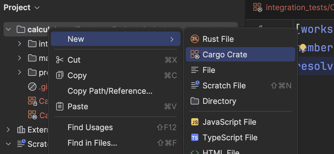 RustRover context menu showing the process of creating a new crate.