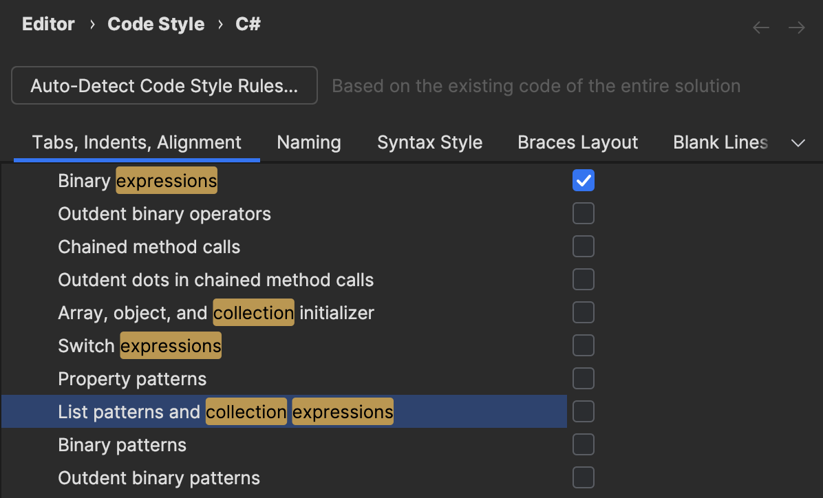 Tabs, Indents, Alignment settings for collection expressions