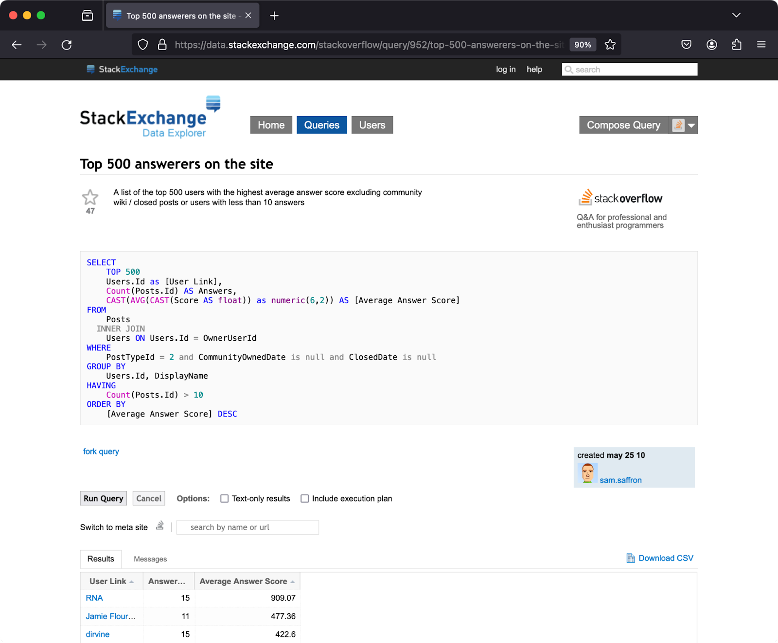 网站示例数据上的 StackExchange 排名前 500 的回答