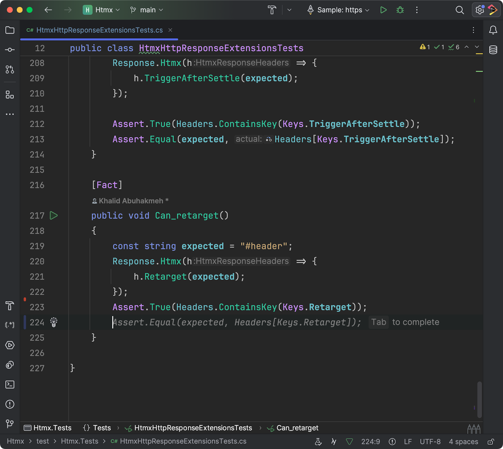 Assert statement full line code completed by JetBrains Rider