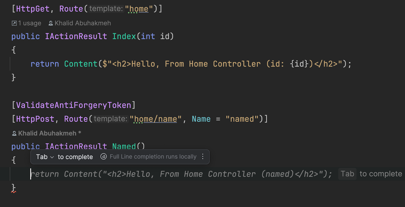 Another example of full line code completion in ASP.NET MVC