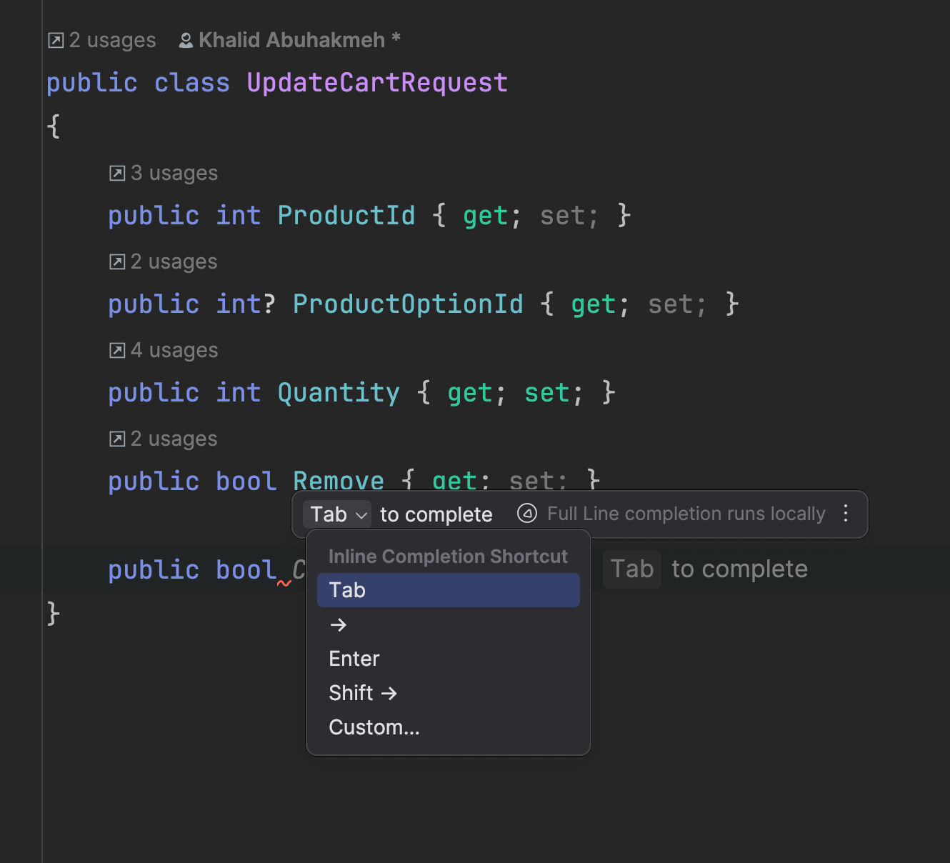 Showing the full line code completion bar with optional Inline completion shortcut options