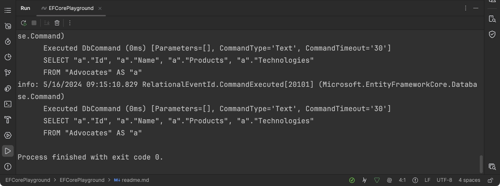 The Run tool window showing console log output for executed EF Core statements.