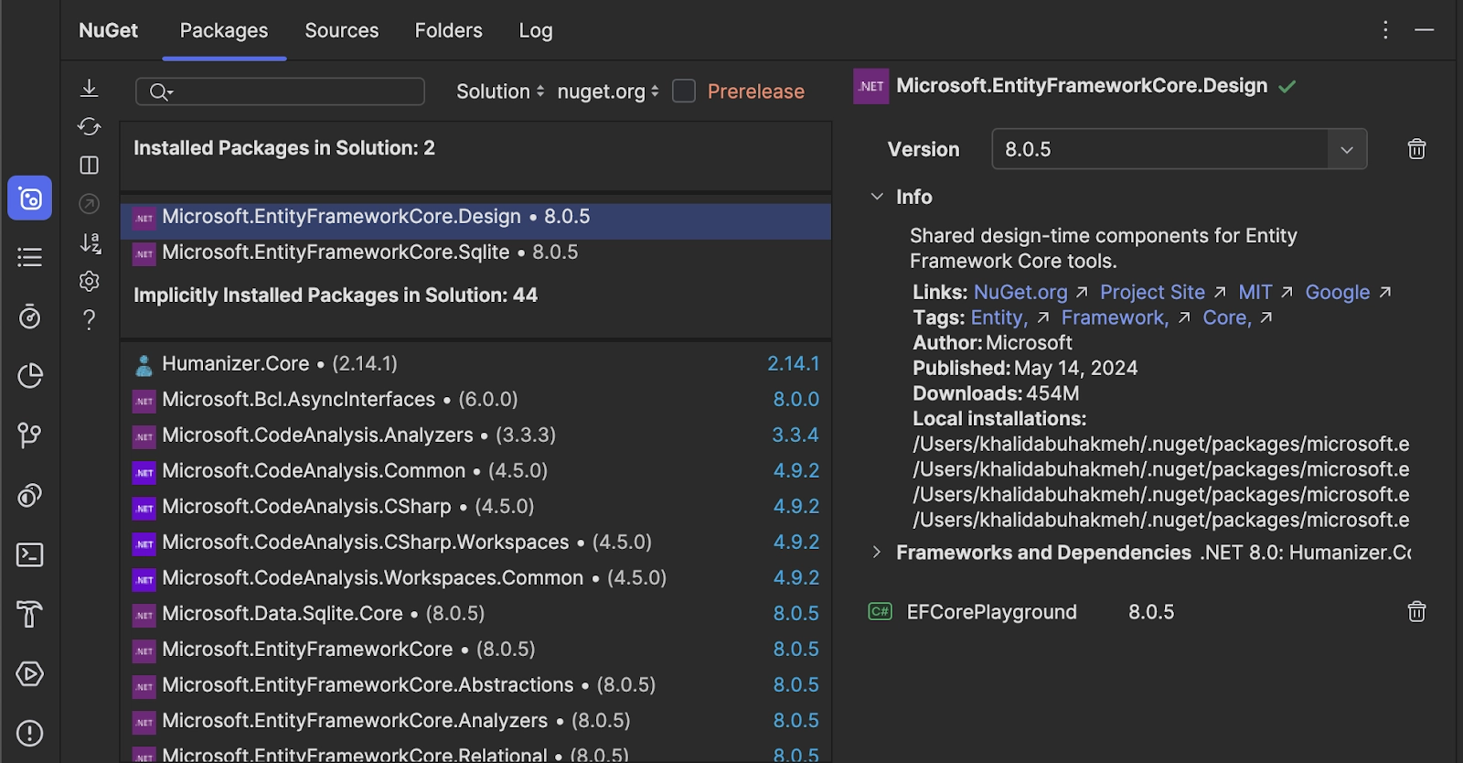 NuGet Tool Window in JetBrains Rider showing installed packages