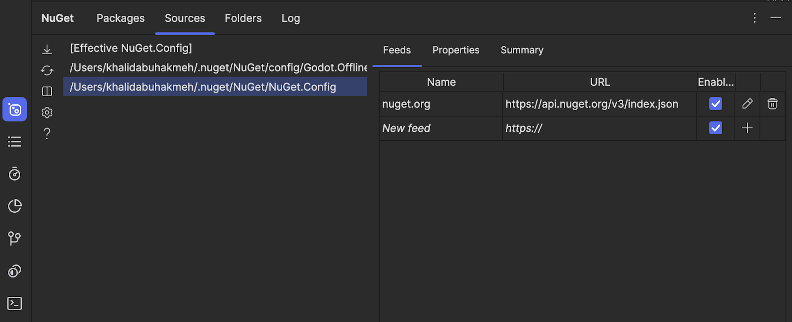 Sources tab in NuGet Tool Window showing the paths to config files.