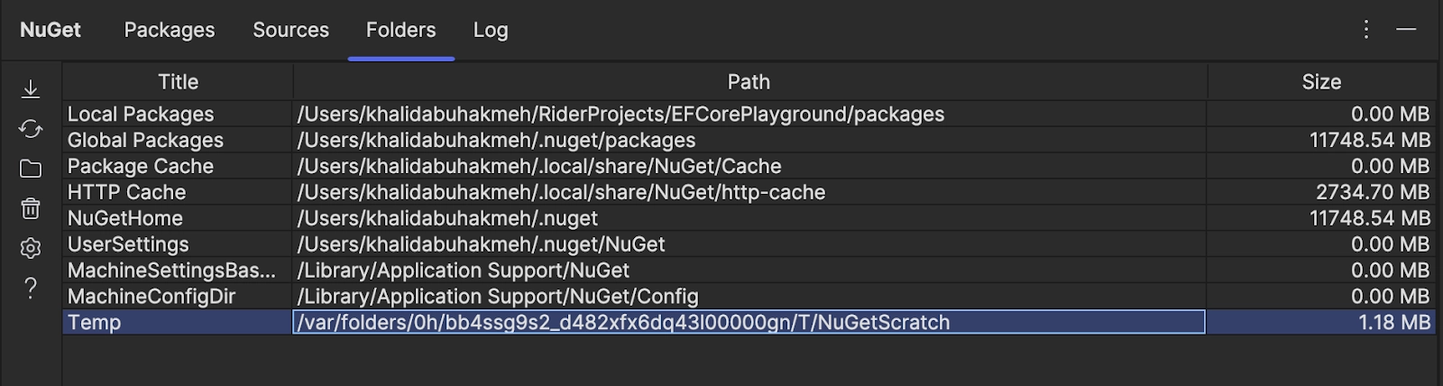 Folders tab in NuGet Tool Window showing all the caching folders NuGet uses.