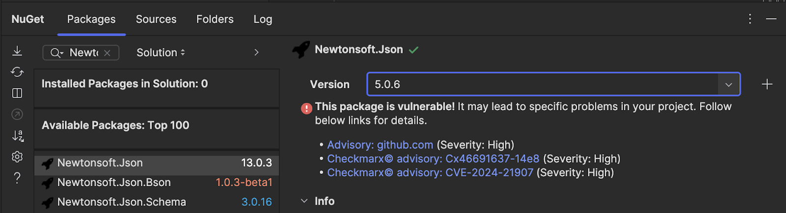 Checkmarx warning for a vulnerable package in NuGet Tool Window
