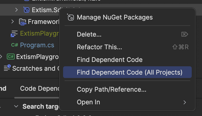 Find Dependent Code (All Projects) option in context menu for nuget dependency