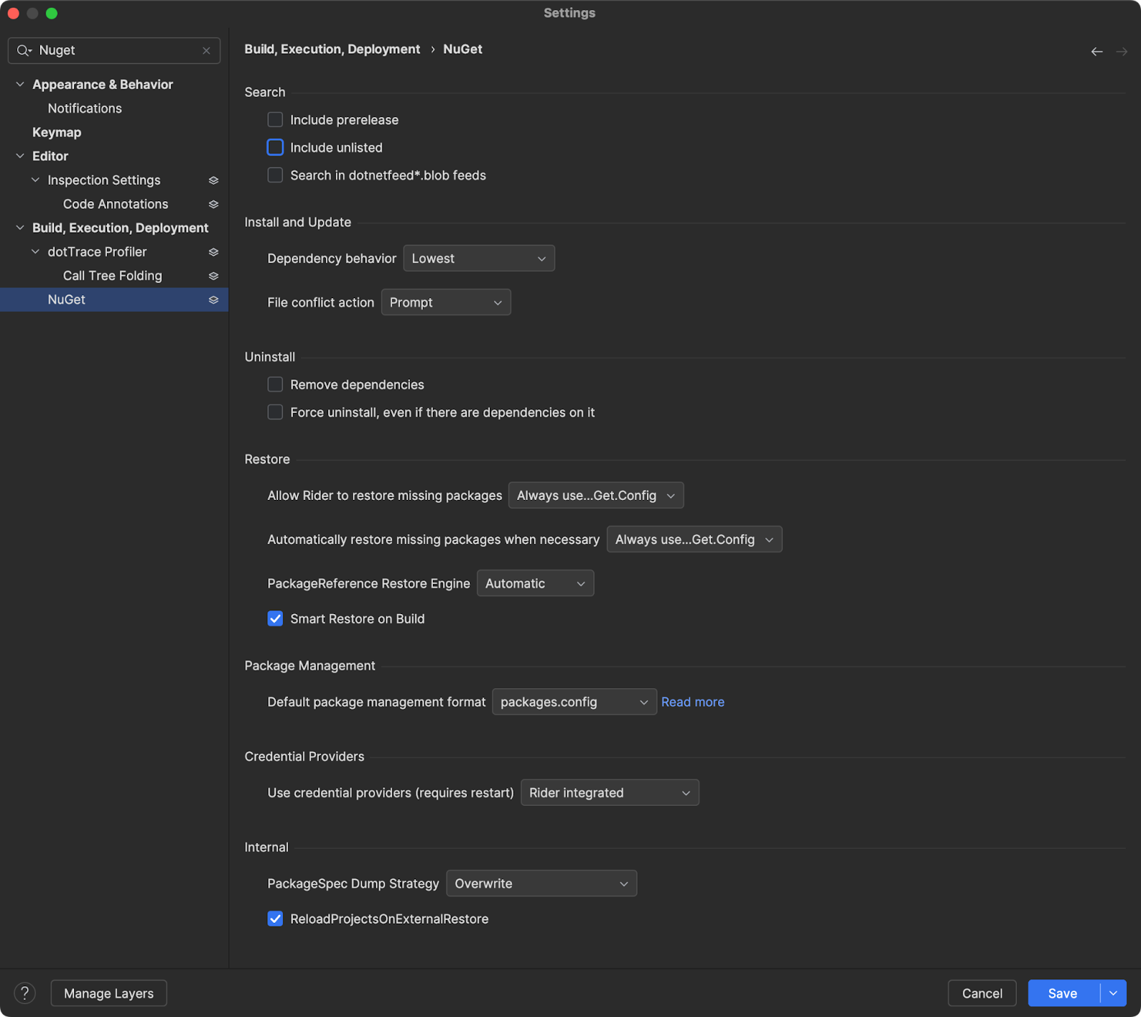 NuGet settings window in Rider.