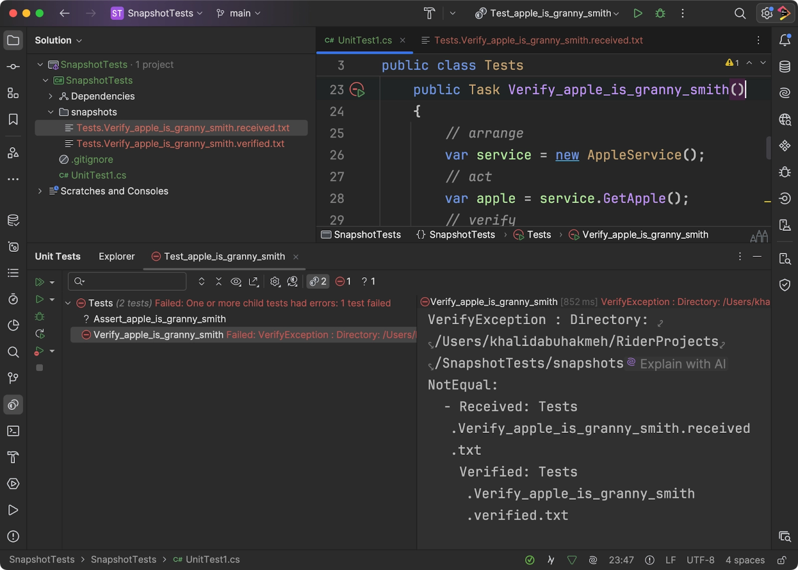 JetBrains Rider Unit Tests window showing failed verification test.