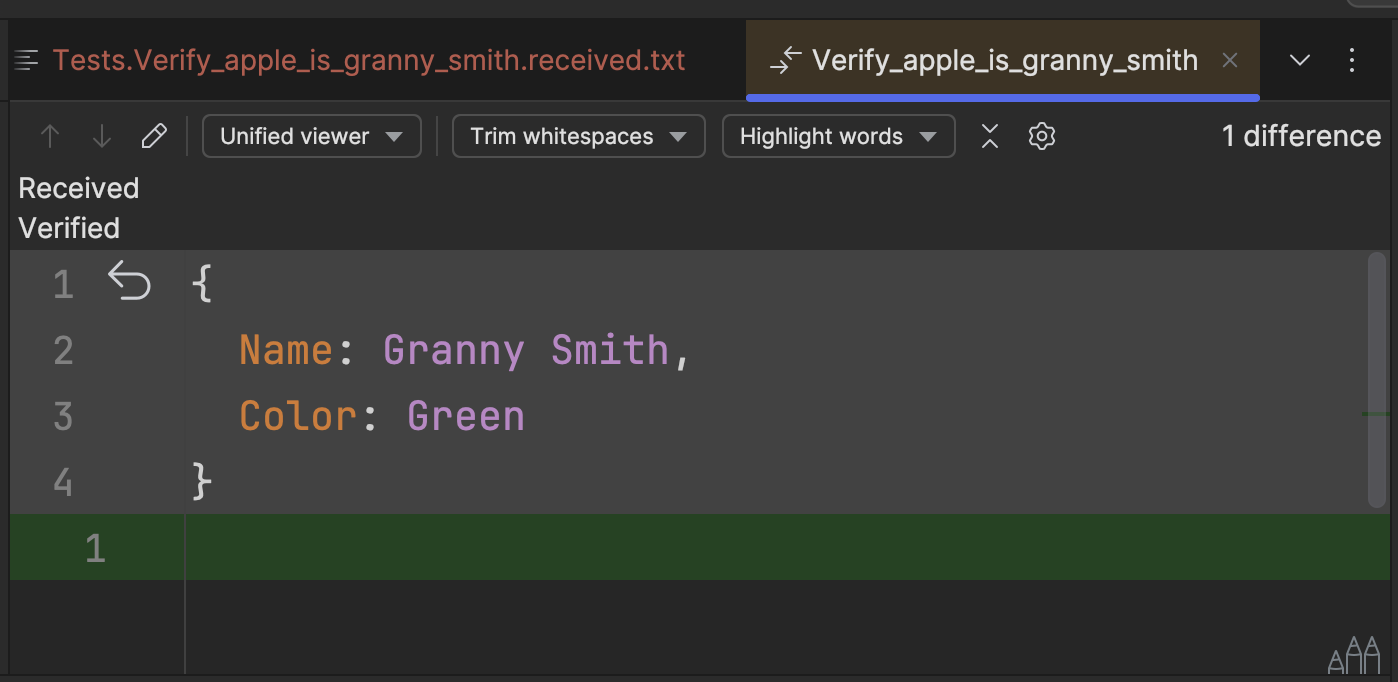 Diff view in JetBrains Rider showing JSON of Apple instance with Name of Granny Smith and Color of Green.