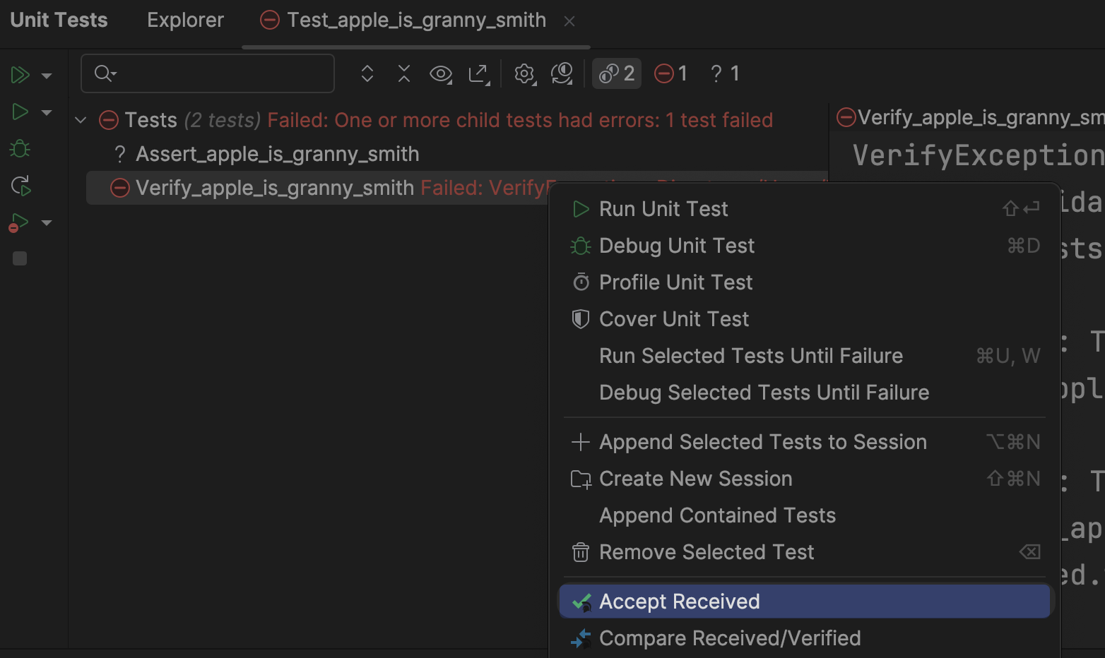 Content Menu over failed test saying "Accept Received" for Verify snapshot test.