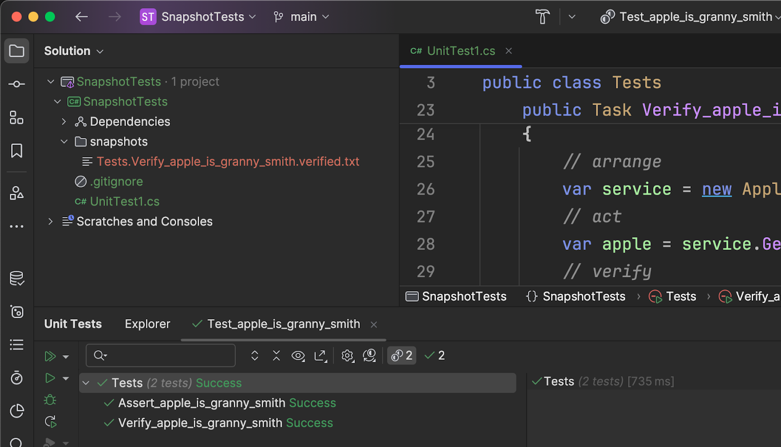 The snapshots folder showing a single verified.txt file and a passing snapshot test.