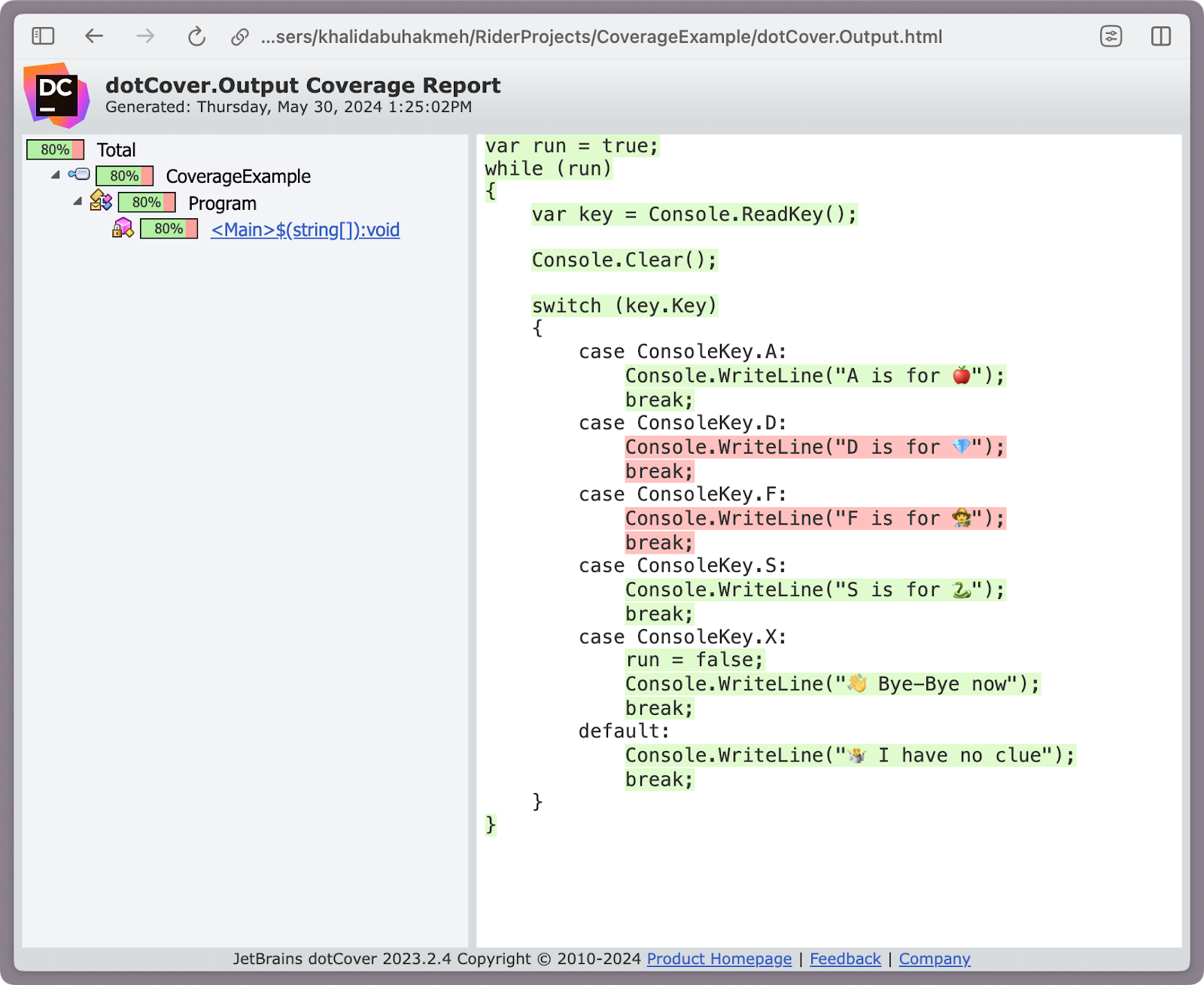 dotCover coverage analysis HTML report showing 80% coverage with covered and non-covered code.