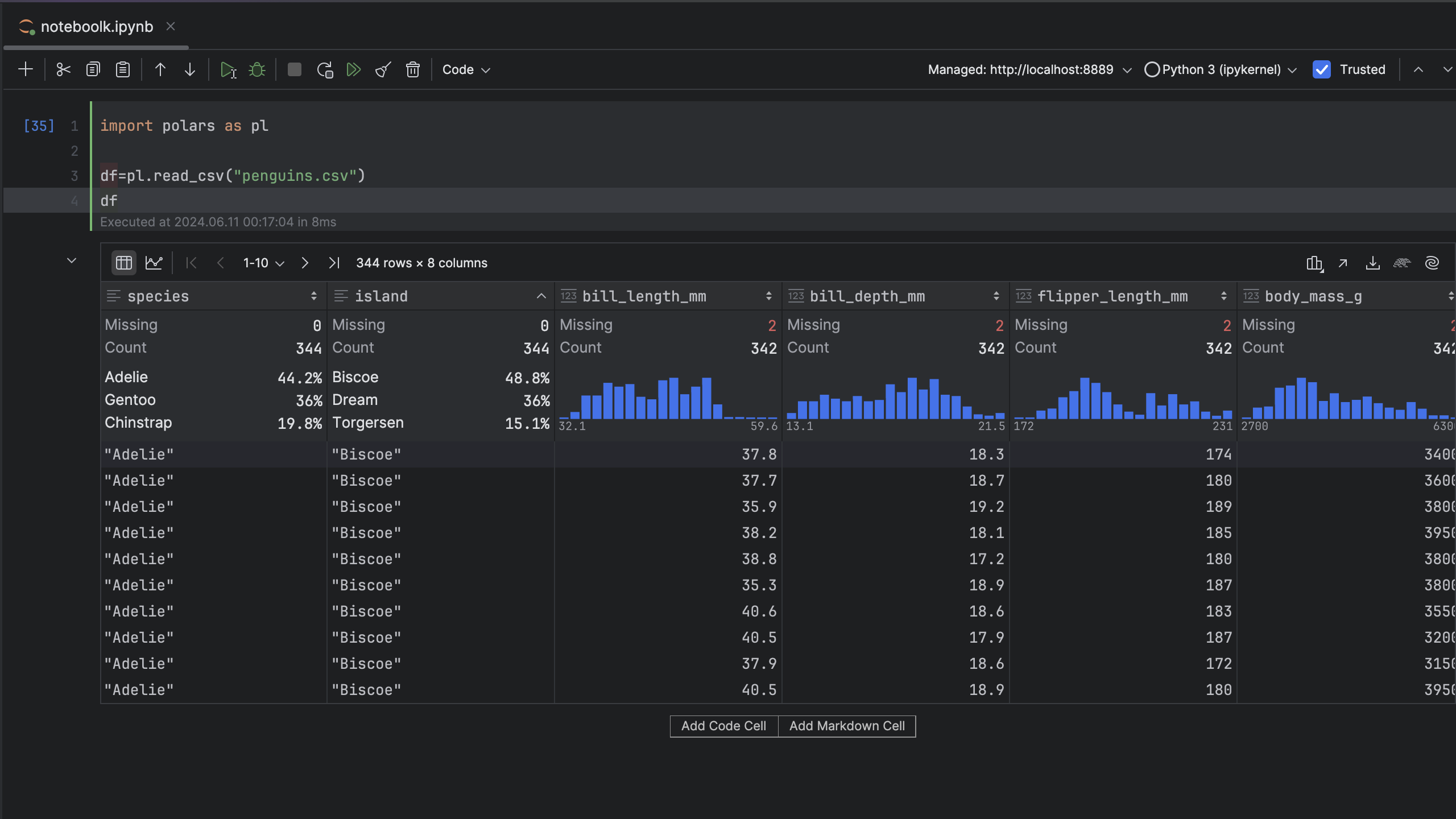 PyCharm interactive tables