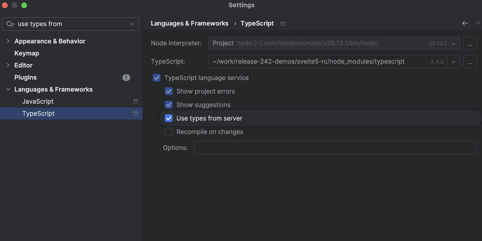 Showing the settings option for turning on the new TypeScript engine in Settings | Languages & Frameworks | TypeScript > Use types from server