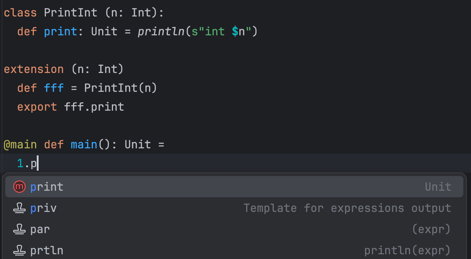 An exported extension method is suggested for code completion