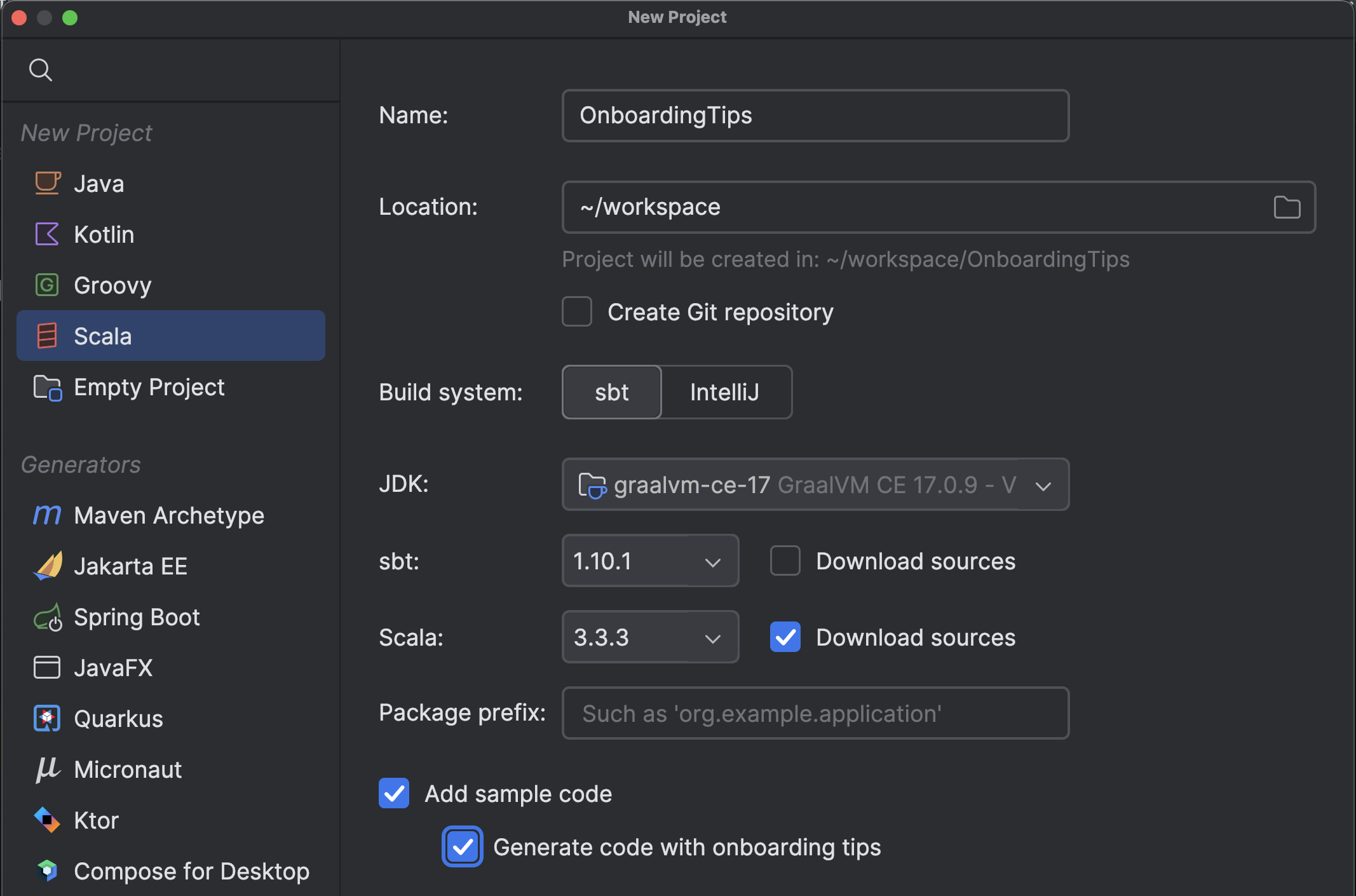 In the wizard, you can choose to generate sample code with onboarding tips