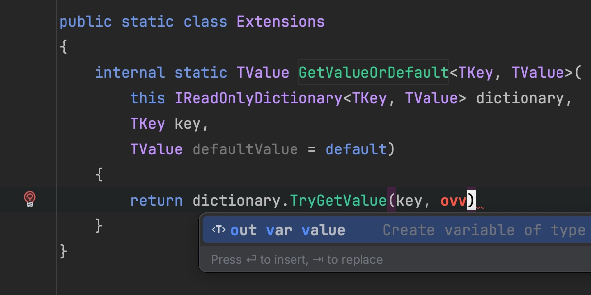 Code completion for out var value