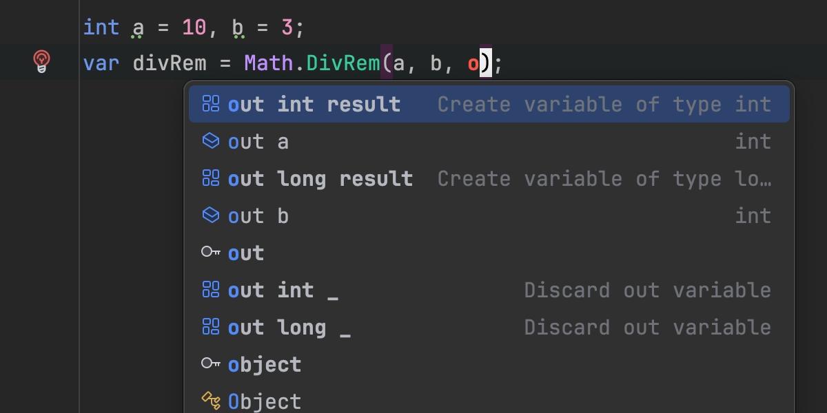 Code completion for out variable with possible types