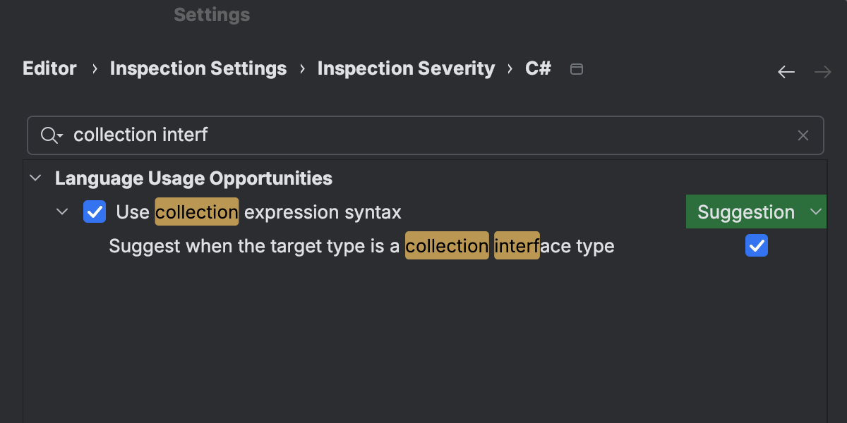 Collection expression inspection configuration