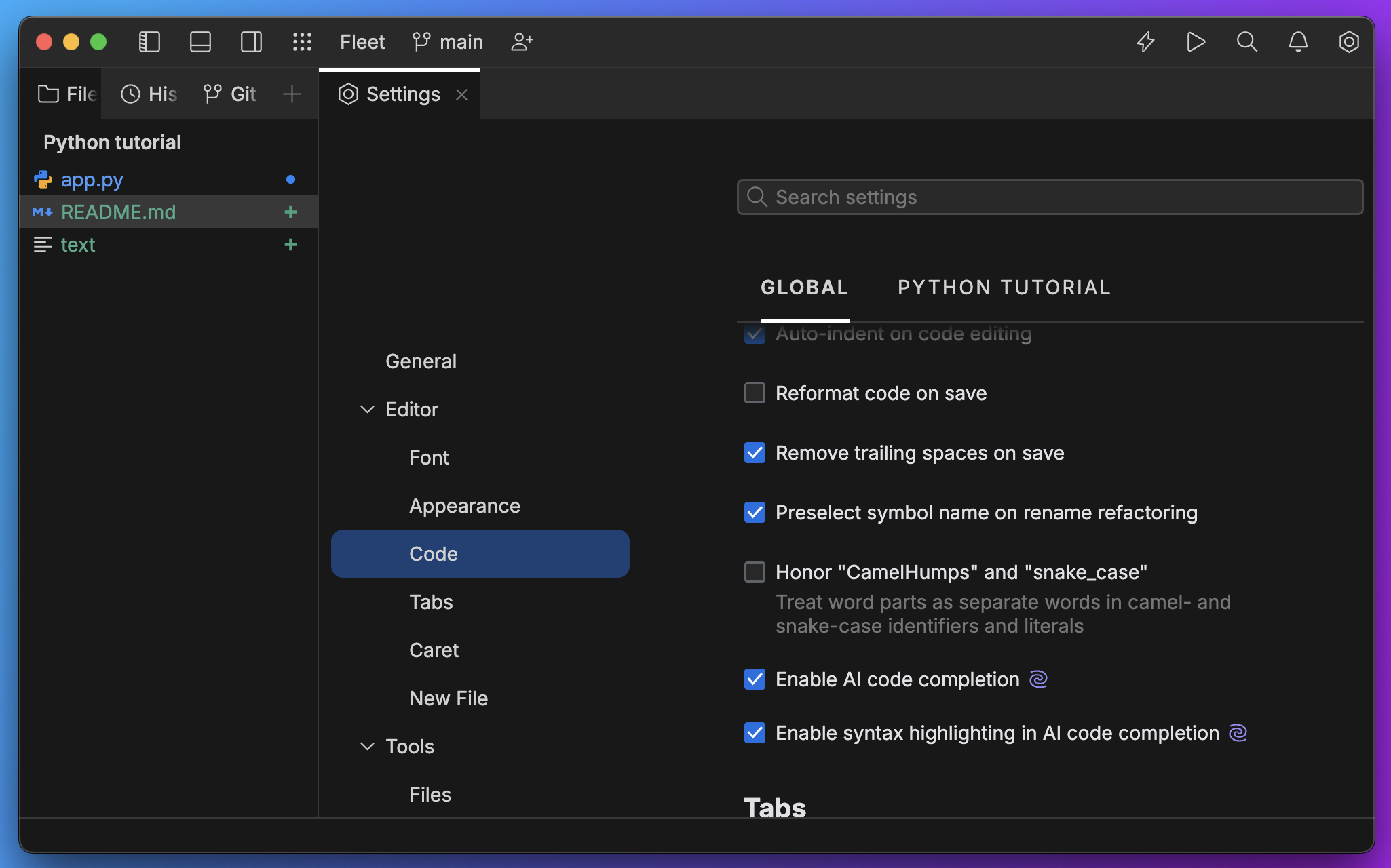 Fleet 1.39: highlighting gray-text code completion