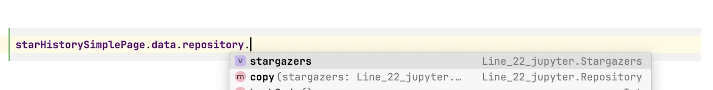 IntelliJ IDEA autocompletion showing the "stargazers" property for the "starHistorySimplePage" object