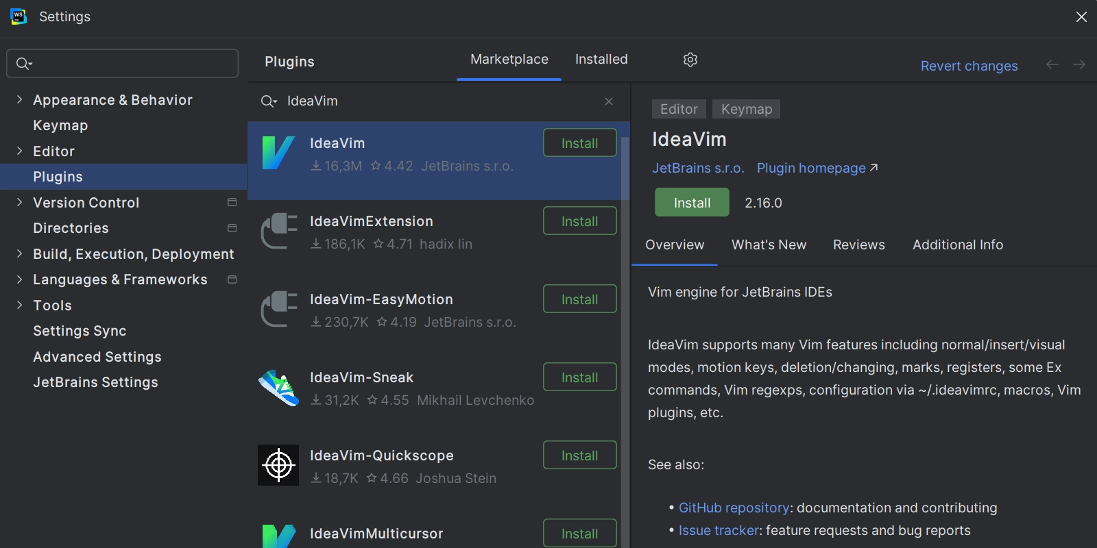 Image showing the plugin setting in the main settings of WebStorm