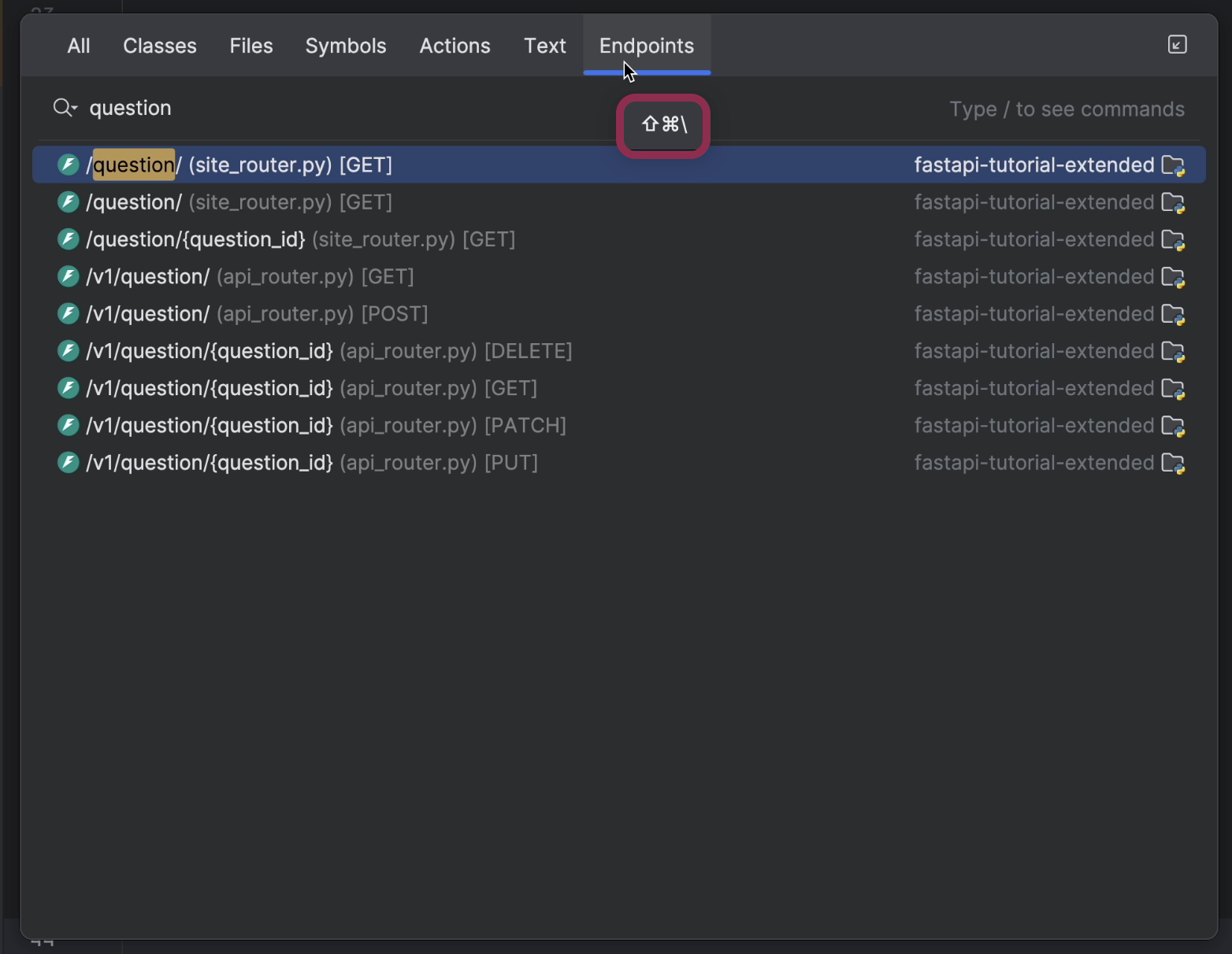 endpoints keyboard shortcut pycharm