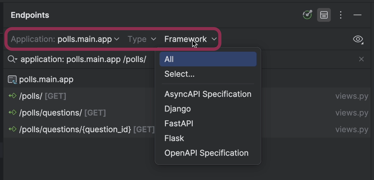 endpoints filtering by subapp, type, and framework