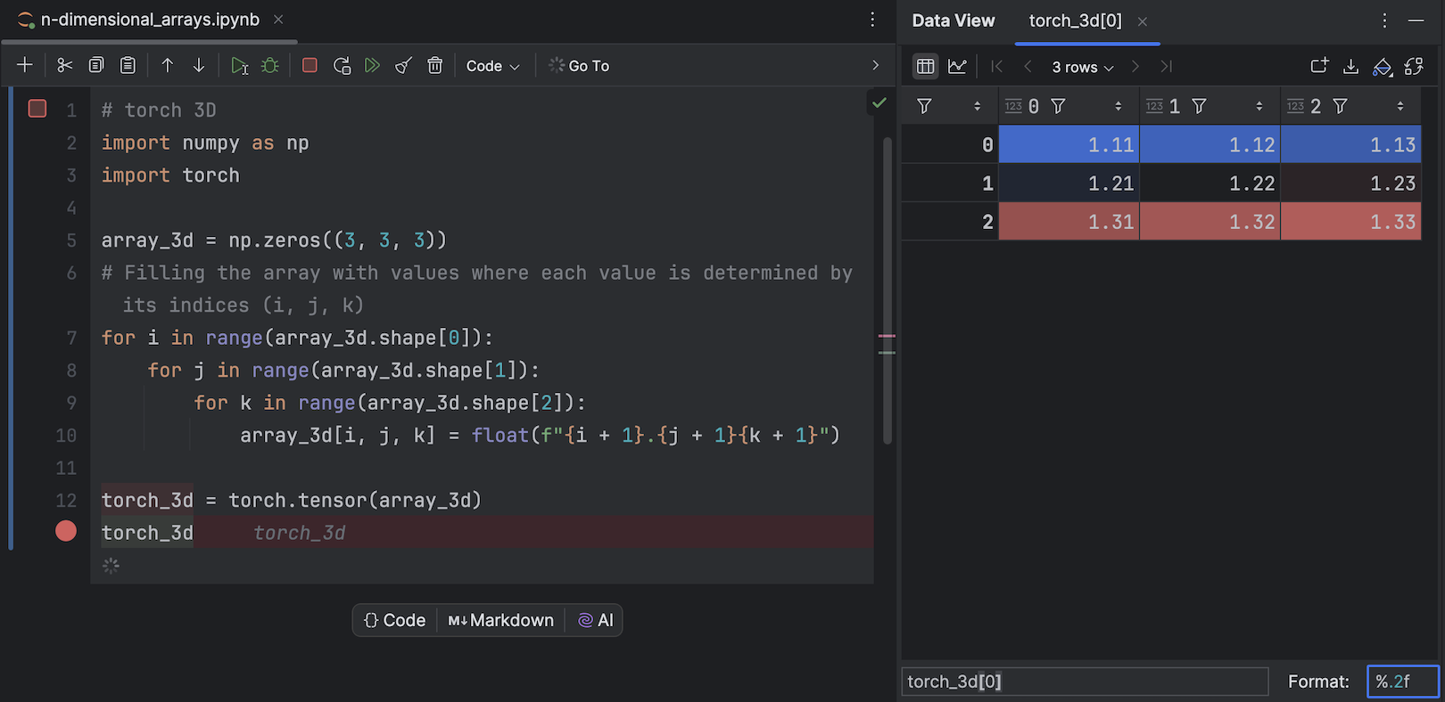 Data view n-dimensional arrays