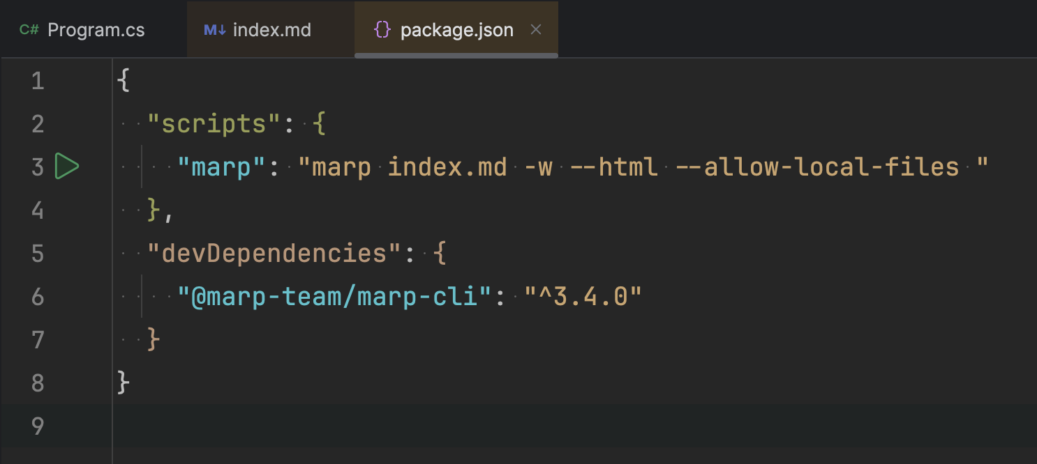 package.json in jetbrains rider with gutter icon