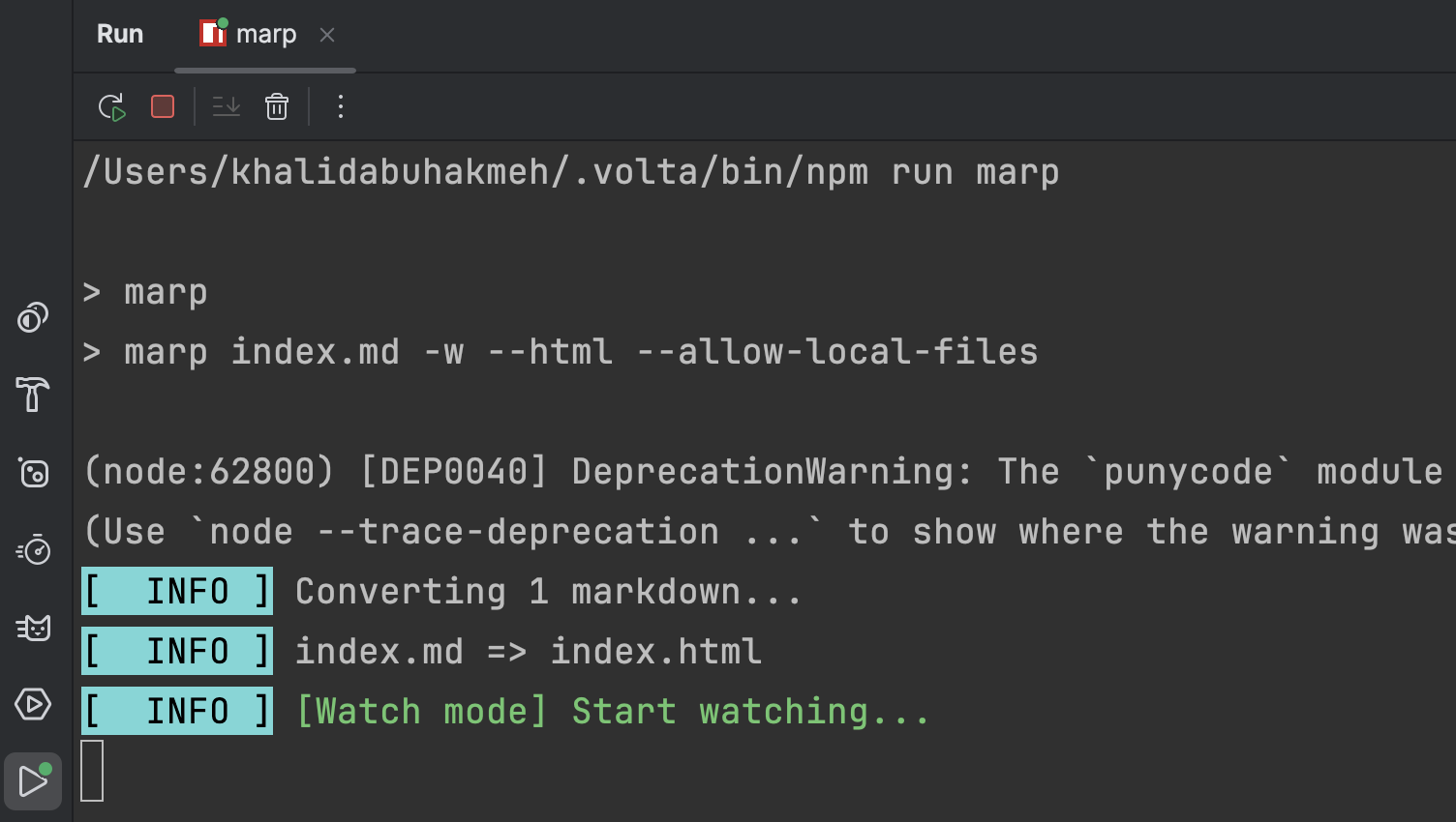 running the marp command in jetbrains rider terminal