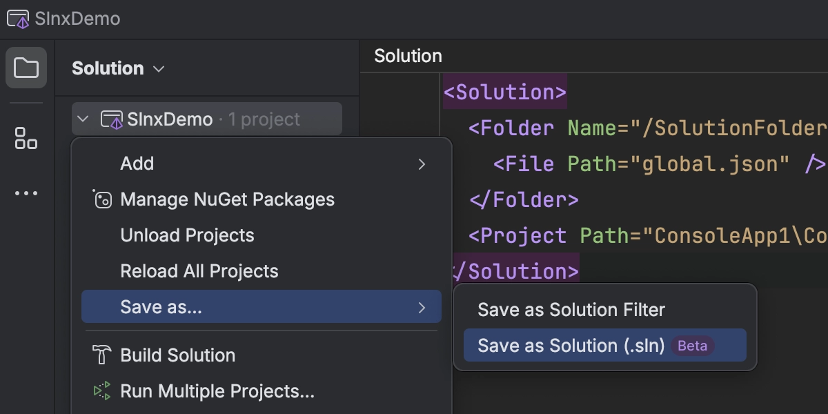 Saving an XML Solution in SLN Format