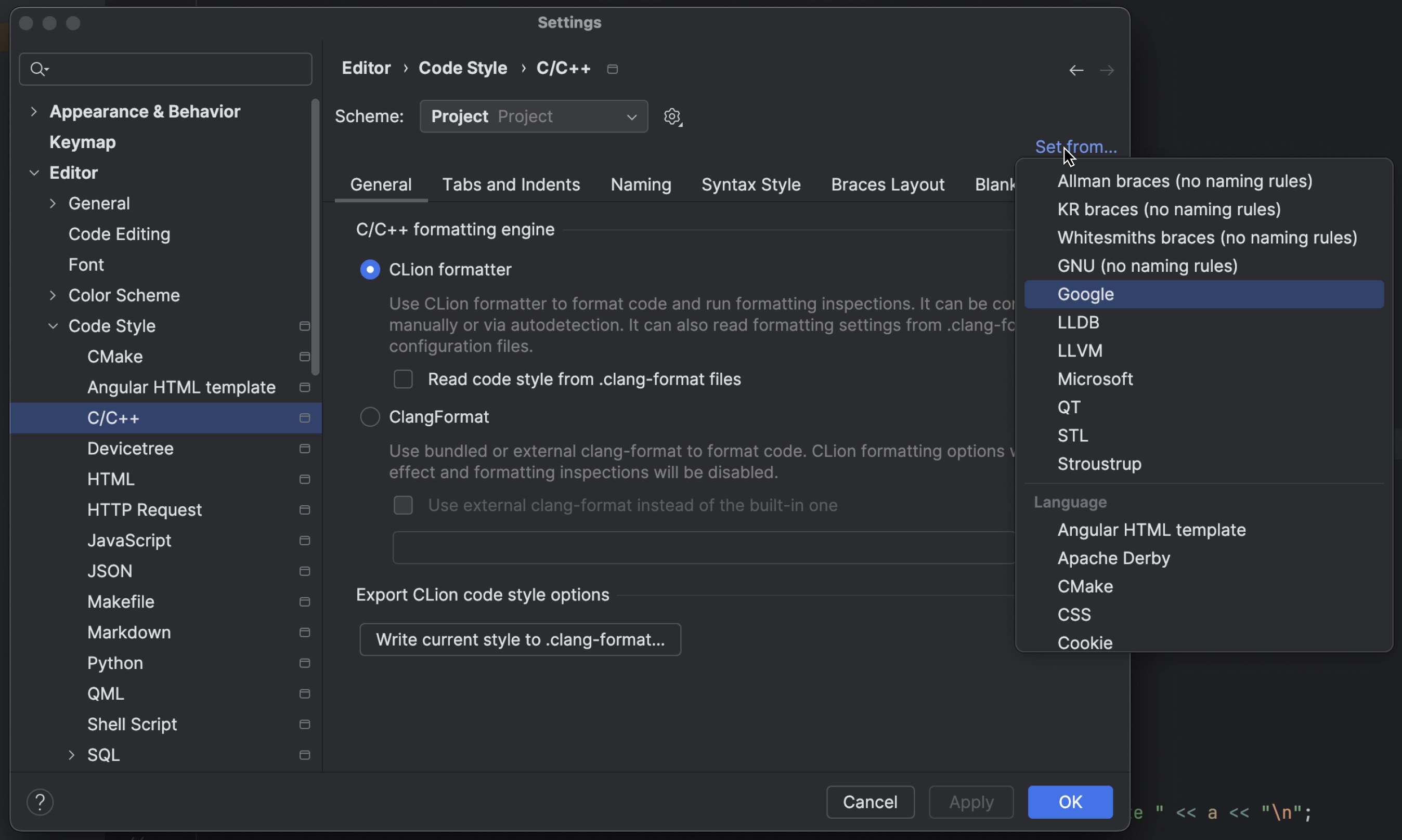 Predefined code styles