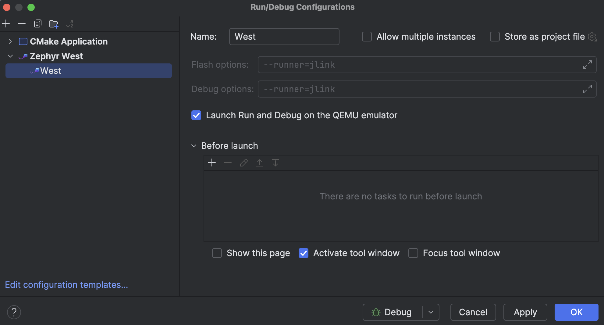 Zephyr West debug configuration