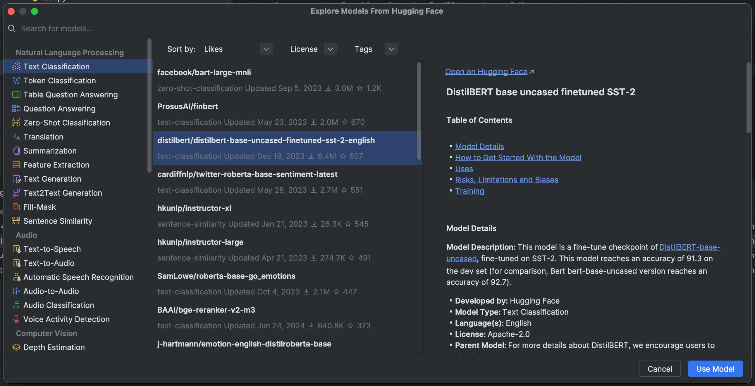 Find the best Hugging Face model for your task in PyCharm