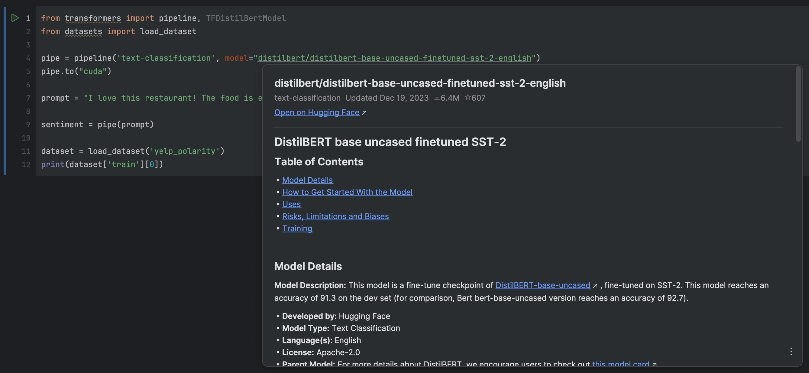 Access Hugging Face model documentation in PyCharm