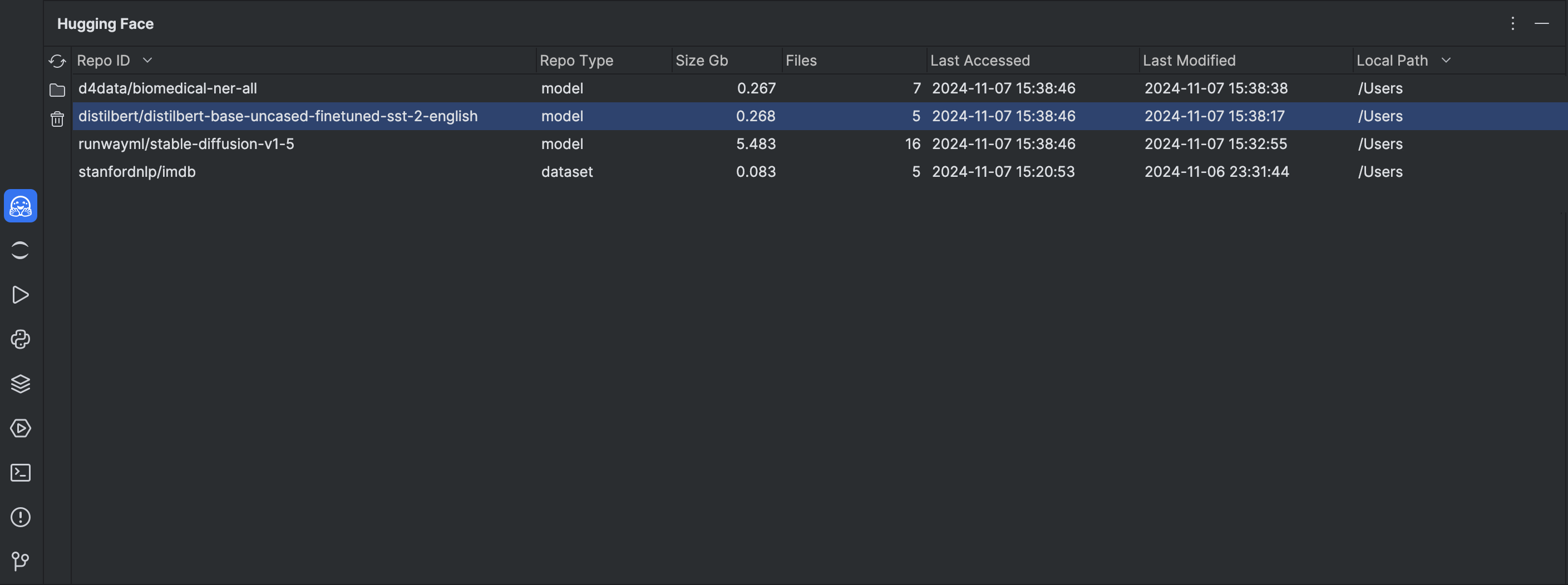 Manage Hugging Face models stored on your machine from PyCharm