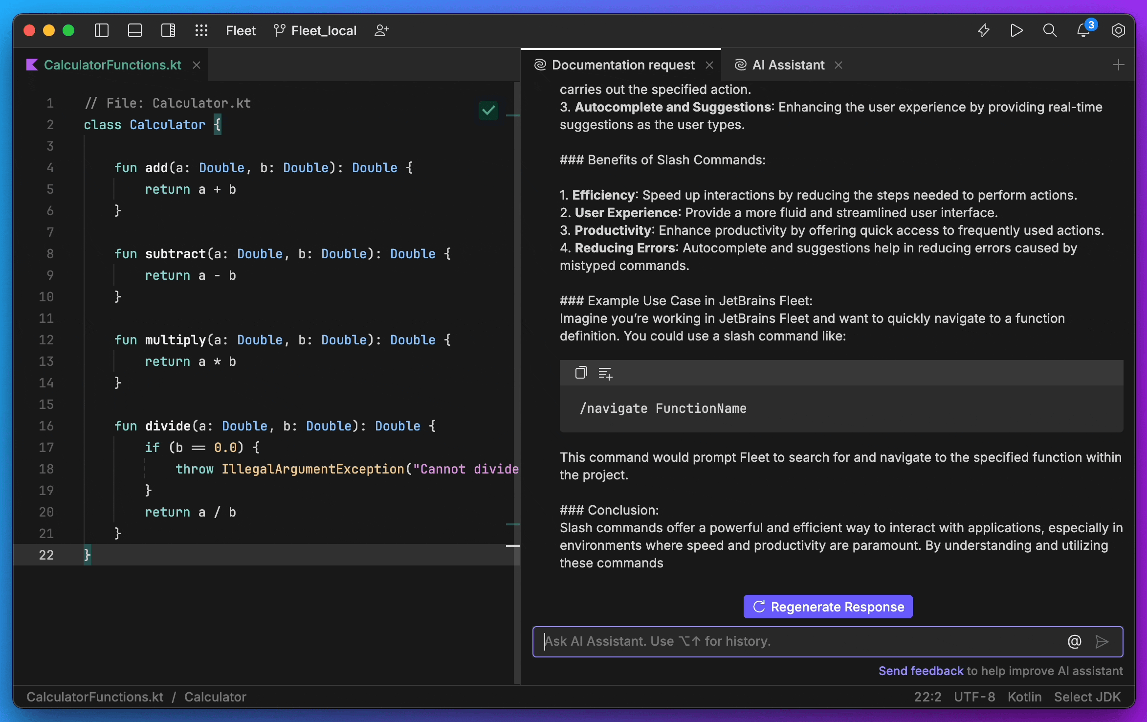 Fleet 1.43: slash commands in AI chat