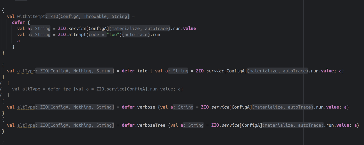 After: A snippet of ZIO code with inlay hints showing inferred type parameters